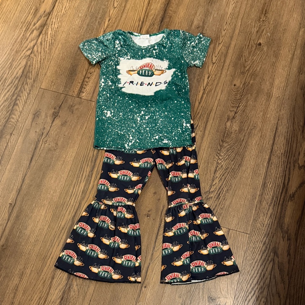 Green Friends Graphic Tee and Flared Pants Set